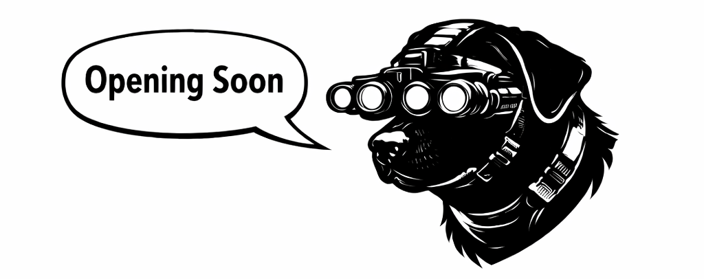 Dog wearing goggles with 'Opening Soon' speech bubble on white background